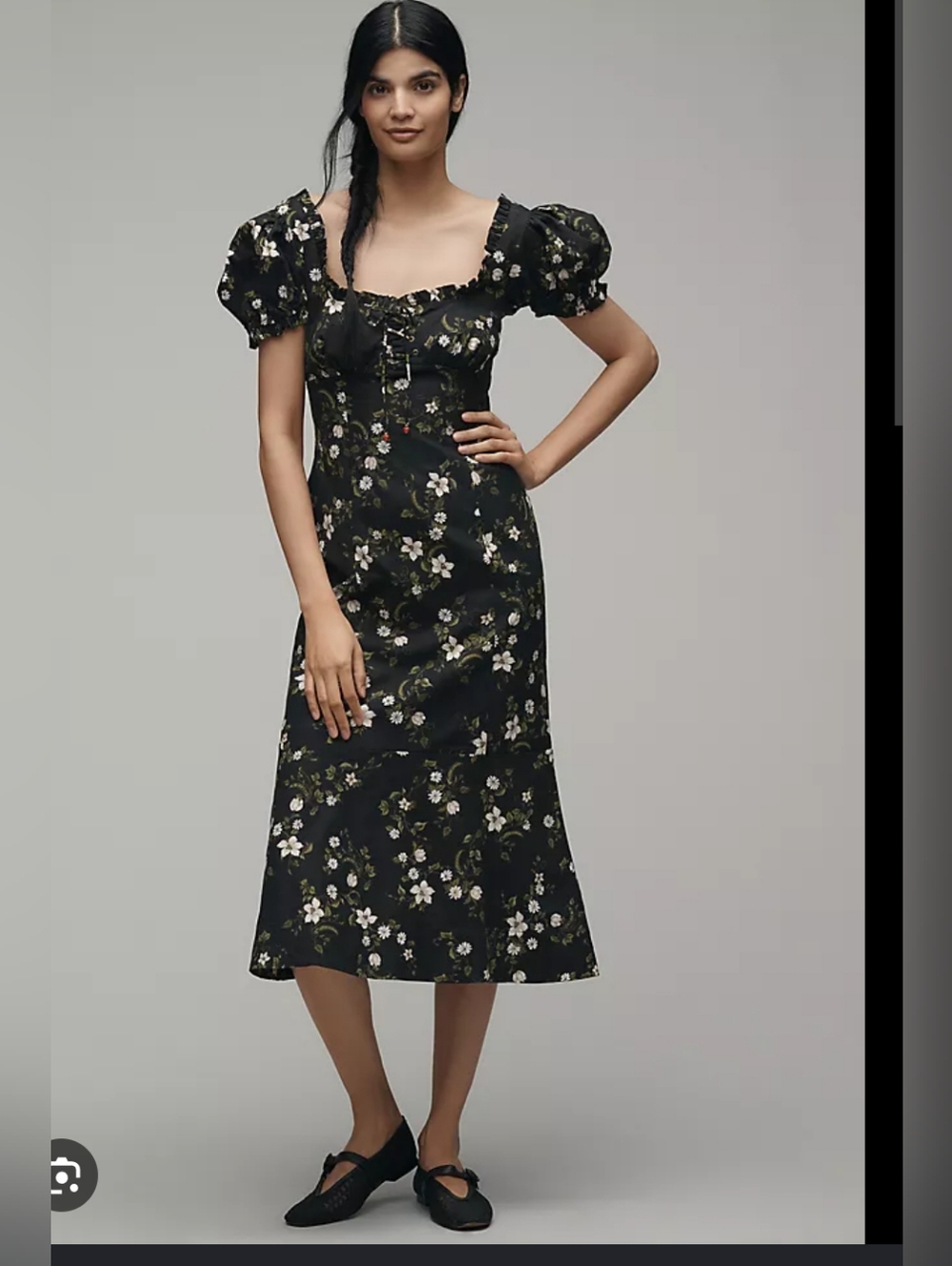 Maeve Anthropologie Linen Blend Floral Puff Sleeve Sweetheart Midi Dress Size L